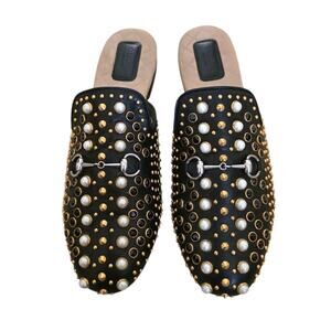 Gucci Horsebit Princetown Mules Loafers Black Leather Pearl Studded IT 39 US 9